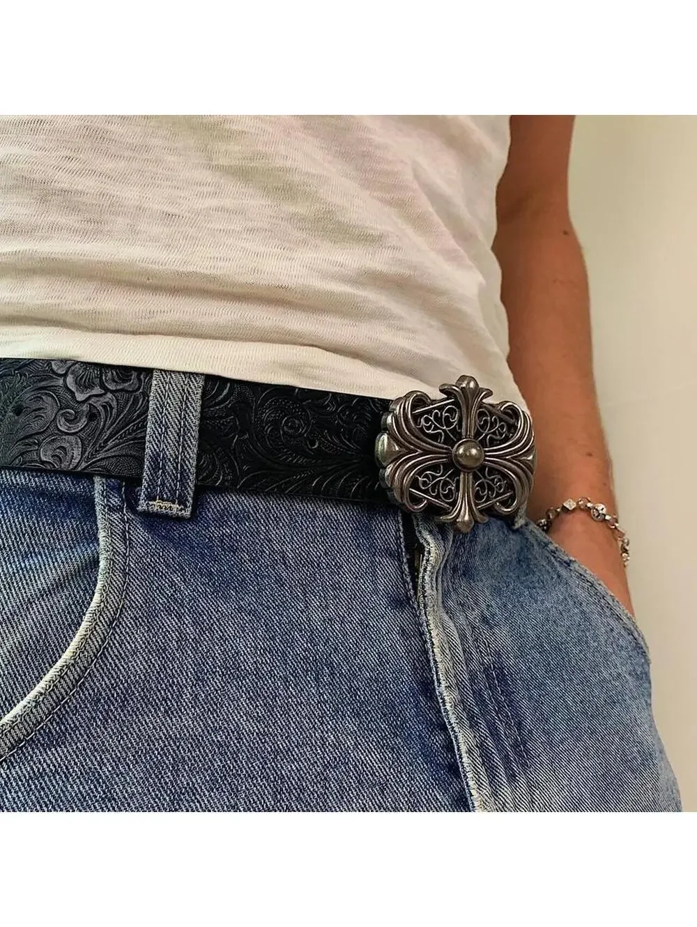 Y2K Black Blue Unique Cross Belt 38 Inch